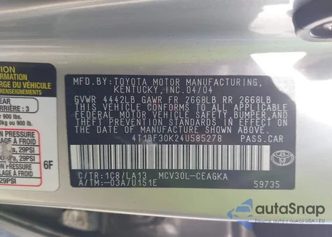 2004 Toyota Camry Xle V6 from USA, damaged, VIN 4T1BF30K24U585278